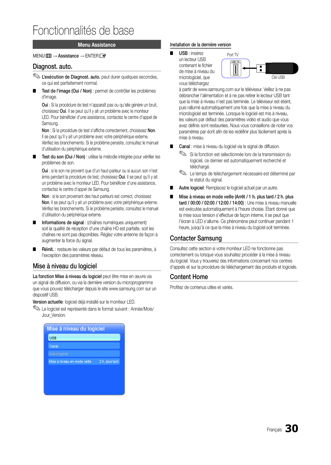 Samsung LT24C300EWZ/EN manual Diagnost. auto, Mise à niveau du logiciel, Contacter Samsung, Content Home, Menu Assistance 