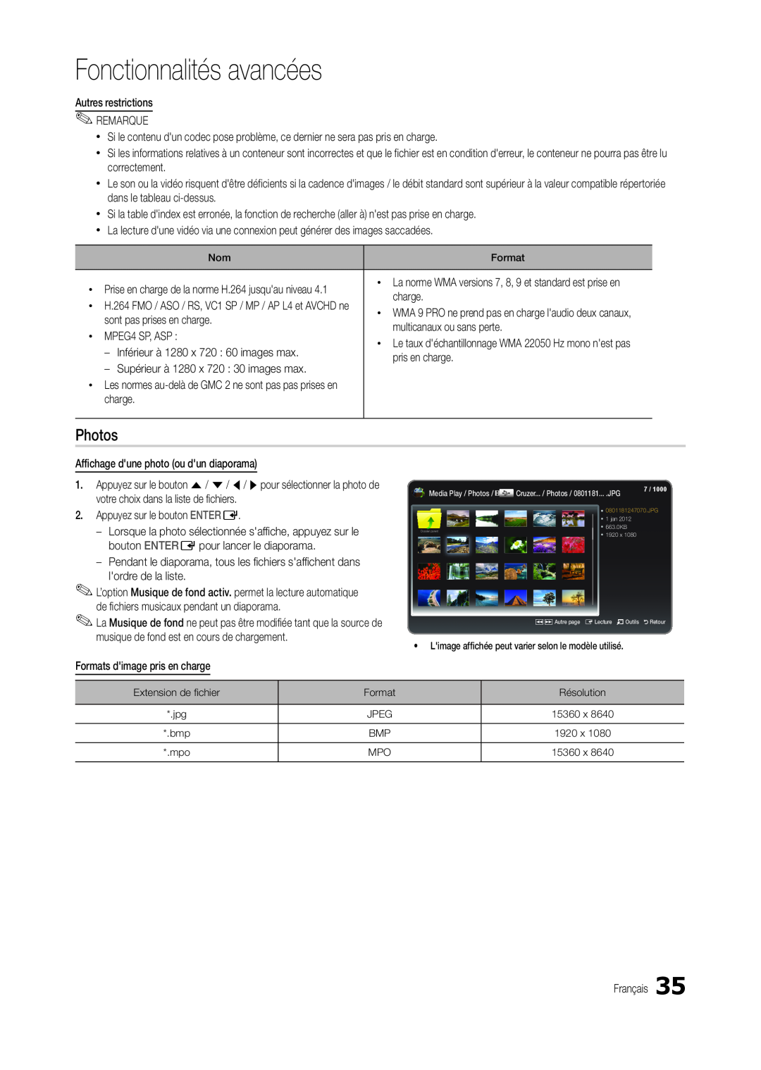 Samsung LT24C300EWZ/EN, LT19C300EW/EN, LT24C300EW/EN, LT27C370EW/EN manual Fonctionnalités avancées, Media Play / Photos 