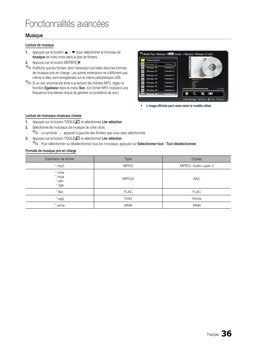 Samsung LT19C300EW/EN manual Musique, Fonctionnalités avancées, Limage affichée peut varier selon le modèle utilisé 