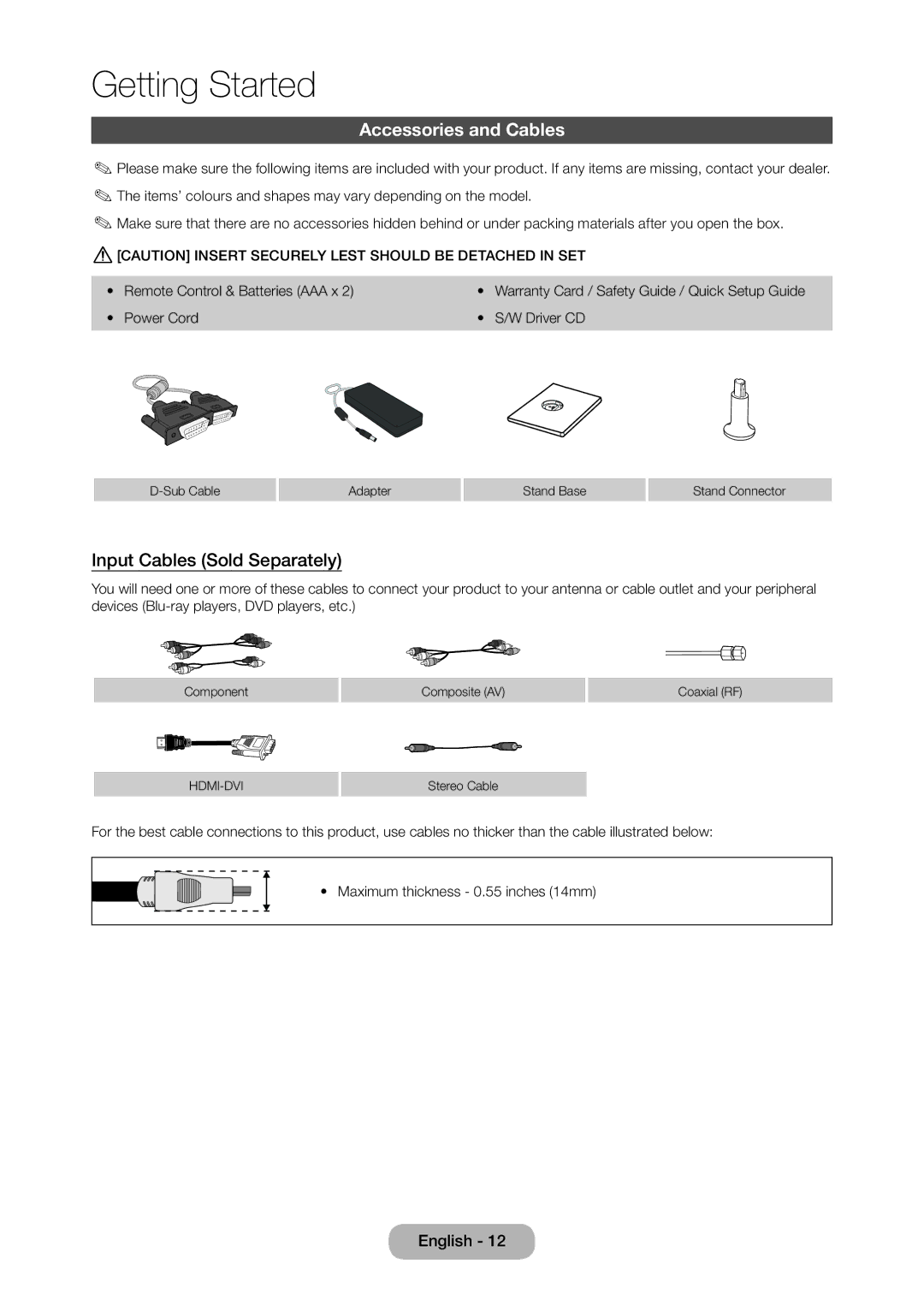 Samsung LT23C350MAQ/CH, LT24C350ARQMXV, LT24C350AR/XV, LT27C370MA/CH Accessories and Cables, Input Cables Sold Separately 