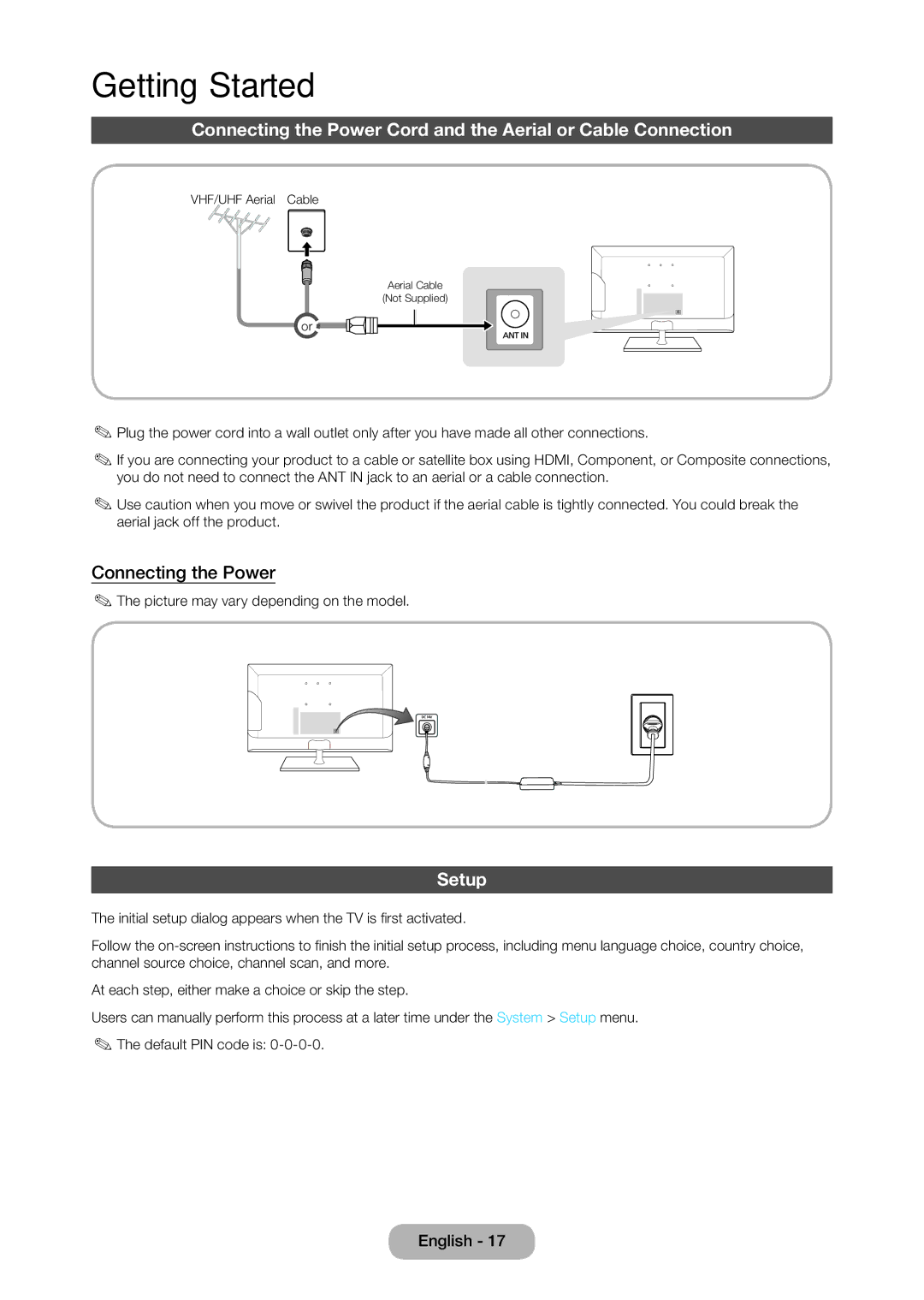 Samsung LT23C350MAQ/CH, LT24C350ARQMXV, LT24C350AR/XV, LT27C370MA/CH, LT23C350MA/CH manual Connecting the Power, Setup 