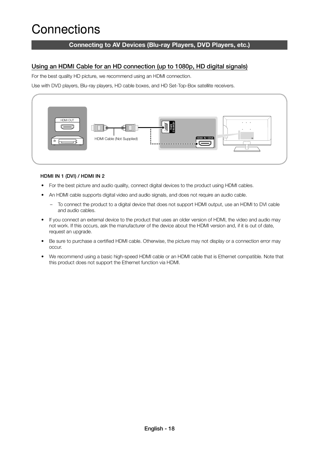 Samsung LT27C370MA/CH, LT24C350ARQMXV manual Connections, Connecting to AV Devices Blu-ray Players, DVD Players, etc 