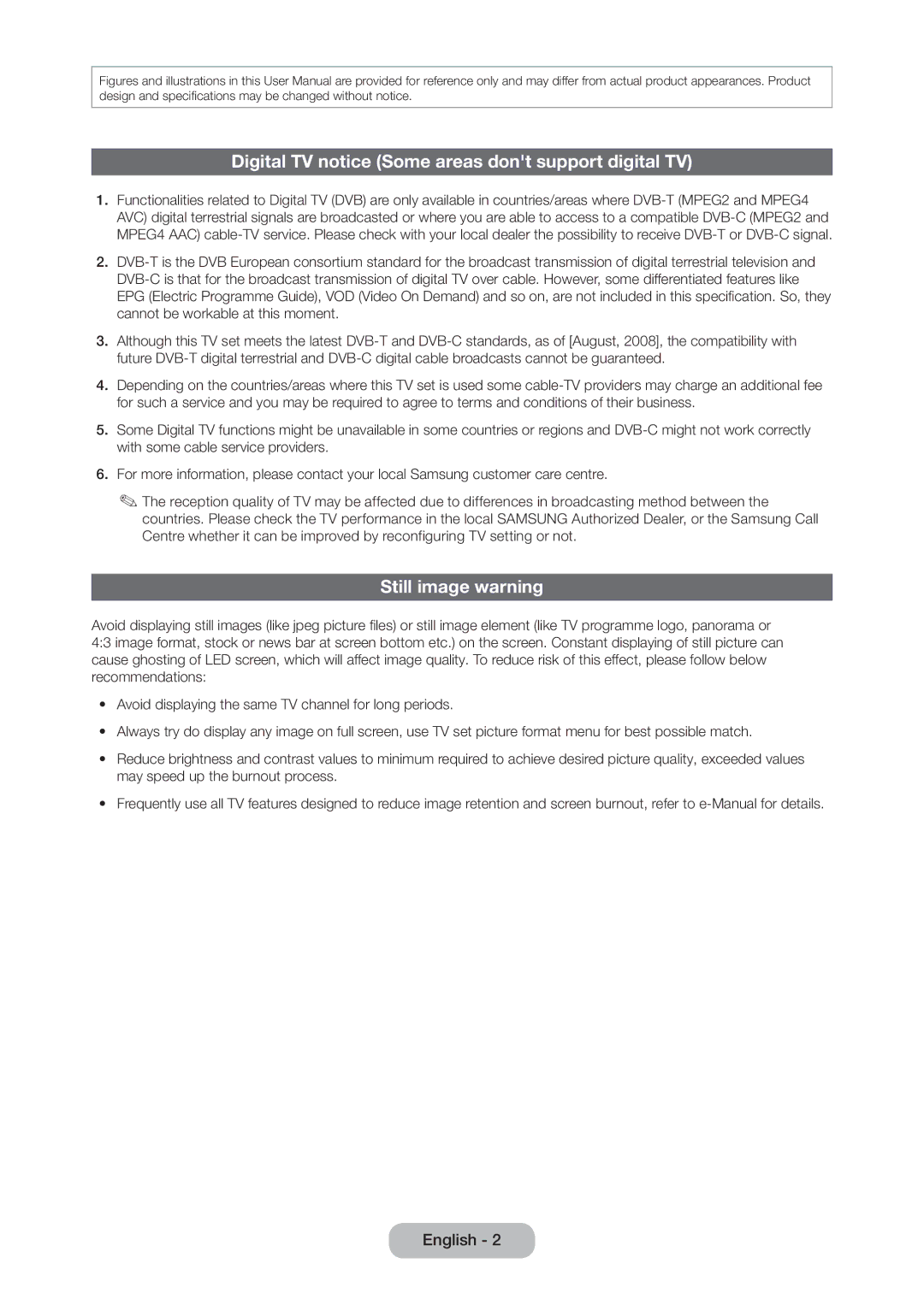 Samsung LT23C350MAQ/CH, LT24C350ARQMXV manual Digital TV notice Some areas dont support digital TV, Still image warning 