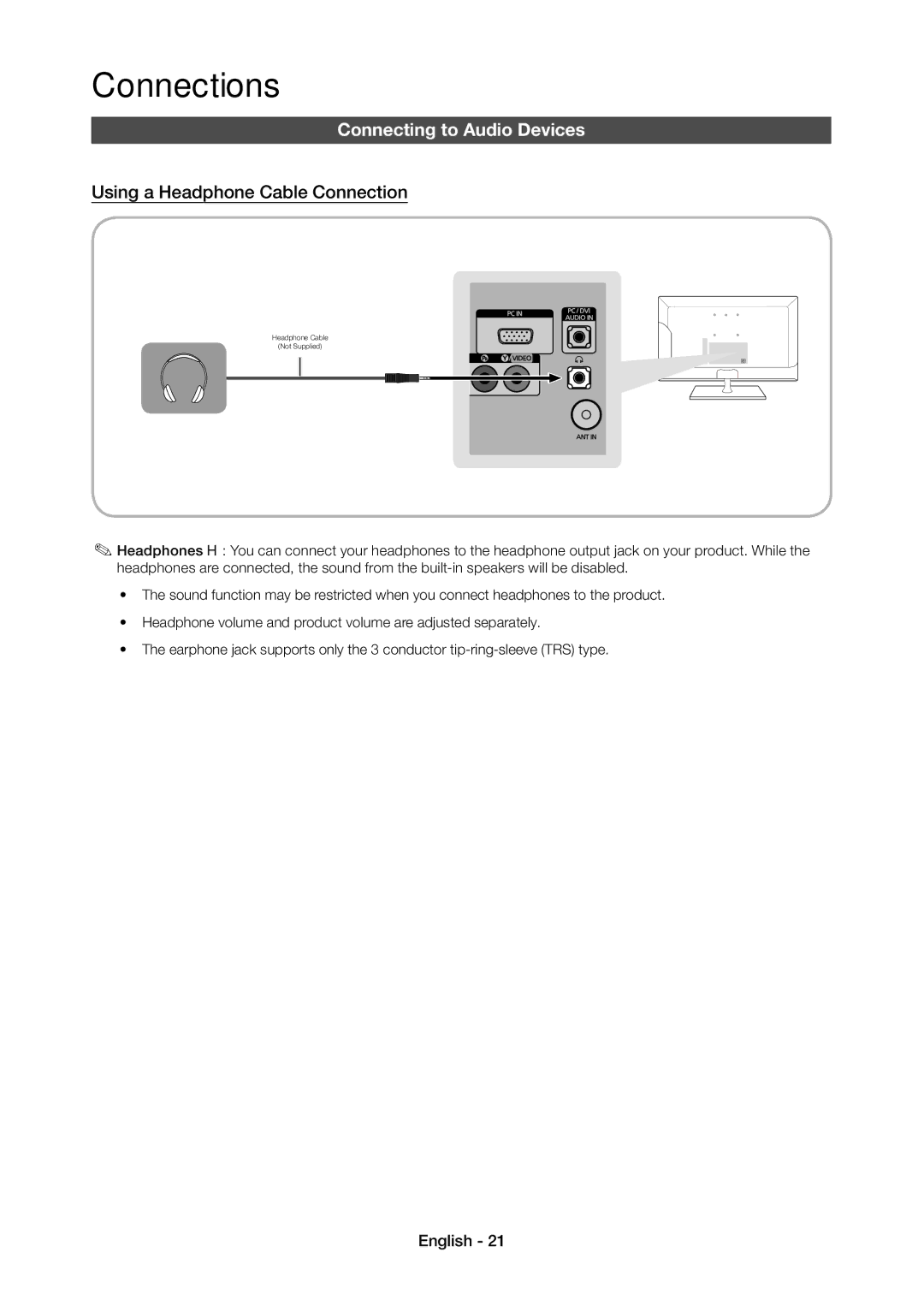 Samsung LT24C350AR/XV, LT24C350ARQMXV, LT23C350MAQ/CH manual Connecting to Audio Devices, Using a Headphone Cable Connection 