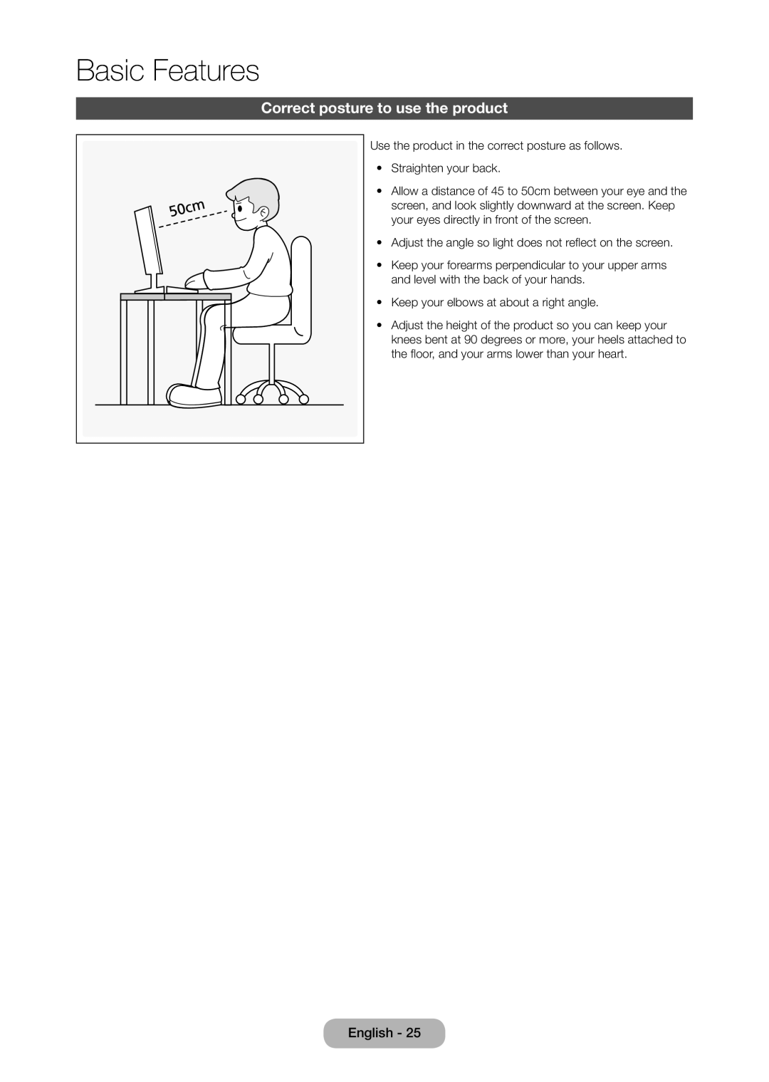 Samsung LT24C350ARQMXV, LT24C350AR/XV, LT23C350MAQ/CH, LT27C370MA/CH manual Basic Features, Correct posture to use the product 