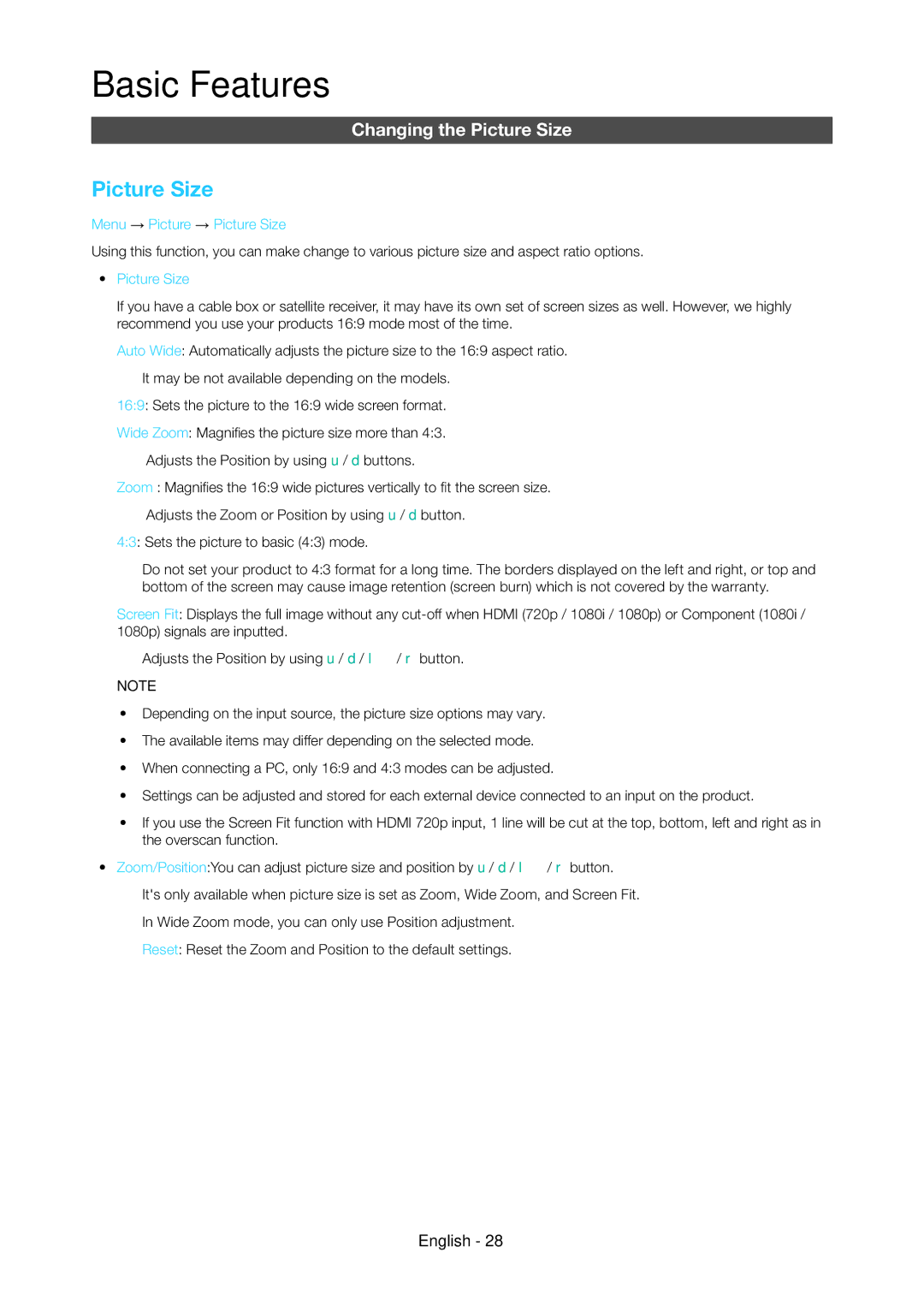 Samsung LT27C370MA/CH, LT24C350ARQMXV, LT24C350AR/XV manual Changing the Picture Size, Menu → Picture → Picture Size 