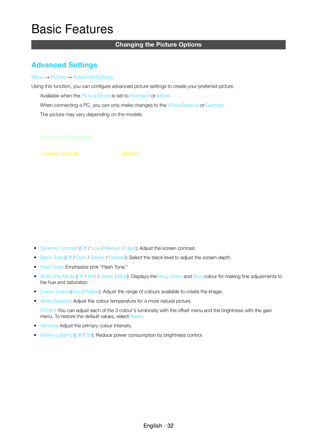 Samsung LT23C350MAQ/CH, LT24C350ARQMXV, LT24C350AR/XV Changing the Picture Options, Menu → Picture → Advanced Settings 