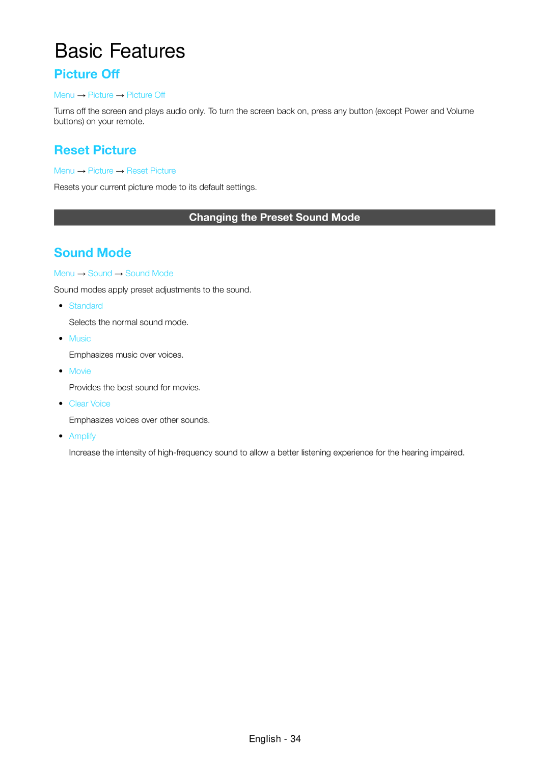 Samsung LT23C350MA/CH, LT24C350ARQMXV, LT24C350AR/XV manual Picture Off, Reset Picture, Changing the Preset Sound Mode 