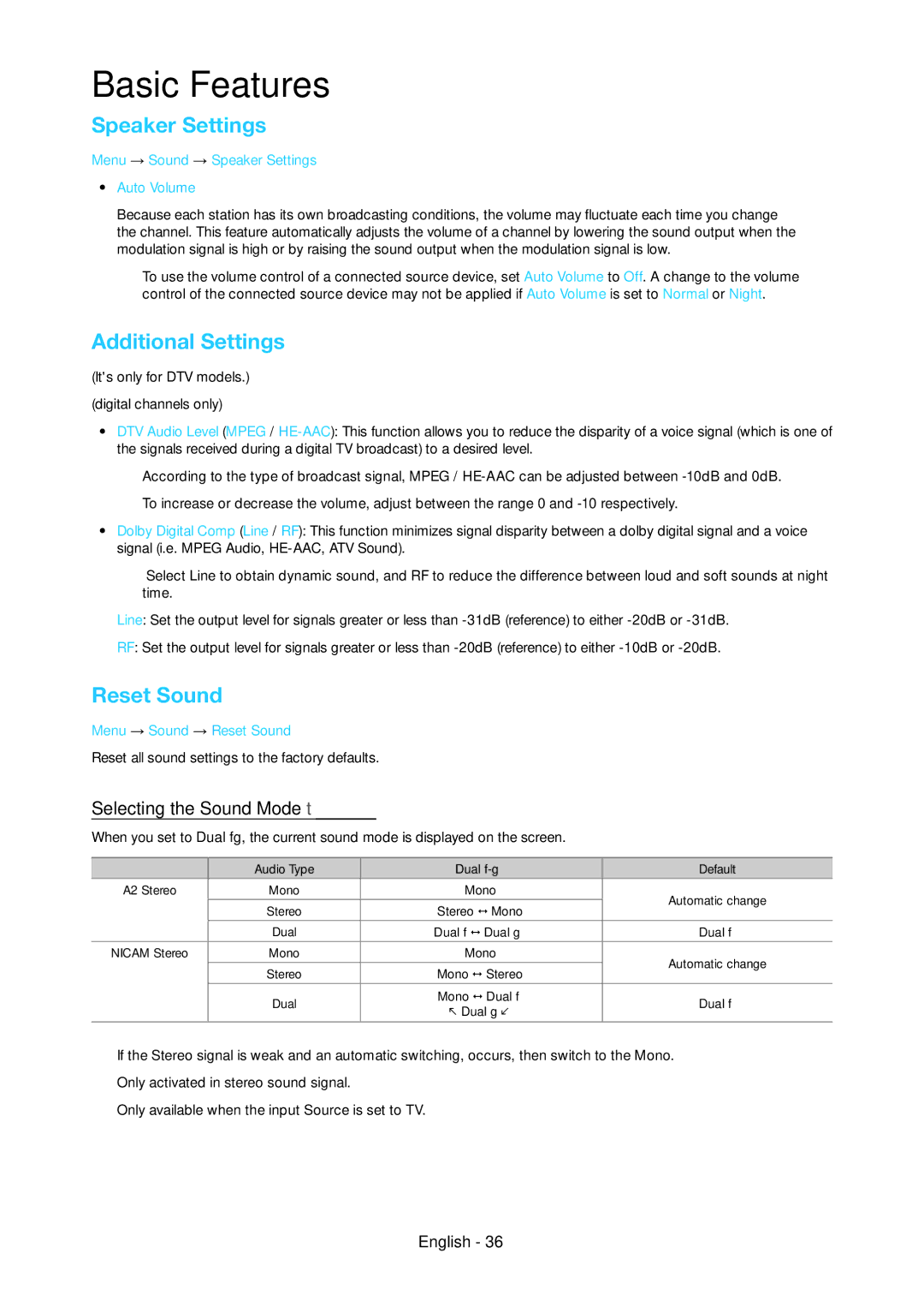 Samsung LT24C350AR/XV, LT24C350ARQMXV manual Speaker Settings, Additional Settings, Reset Sound, Selecting the Sound Mode t 