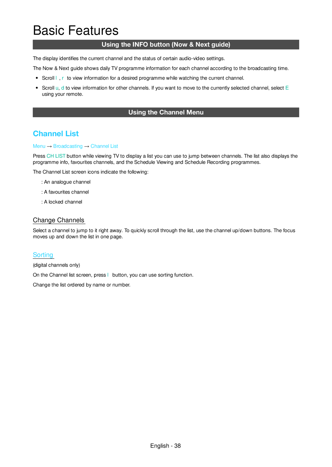 Samsung LT27C370MA/CH manual Channel List, Using the Info button Now & Next guide, Using the Channel Menu, Change Channels 