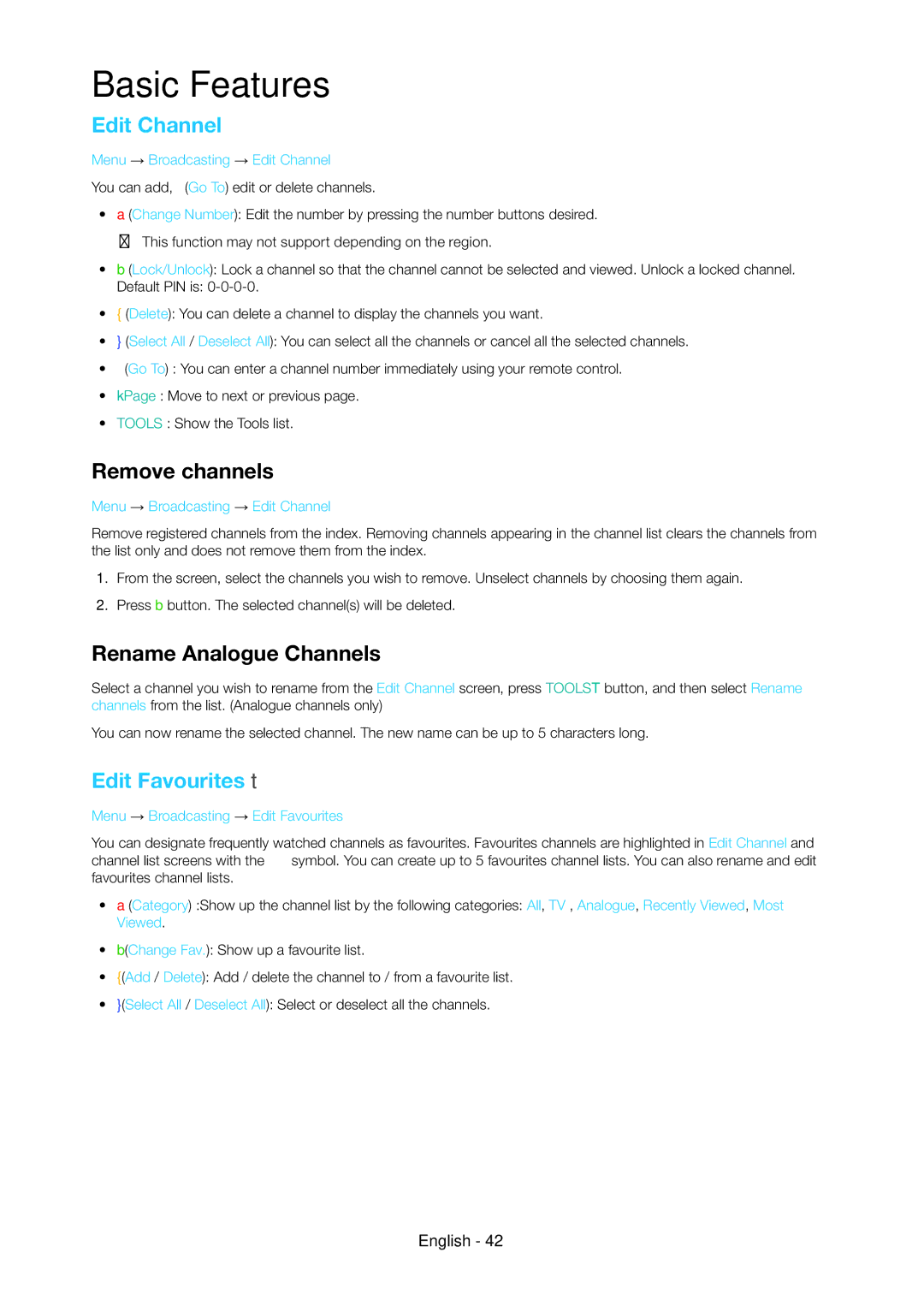 Samsung LT23C350MAQ/CH, LT24C350ARQMXV manual Edit Channel, Remove channels, Rename Analogue Channels, Edit Favourites t 