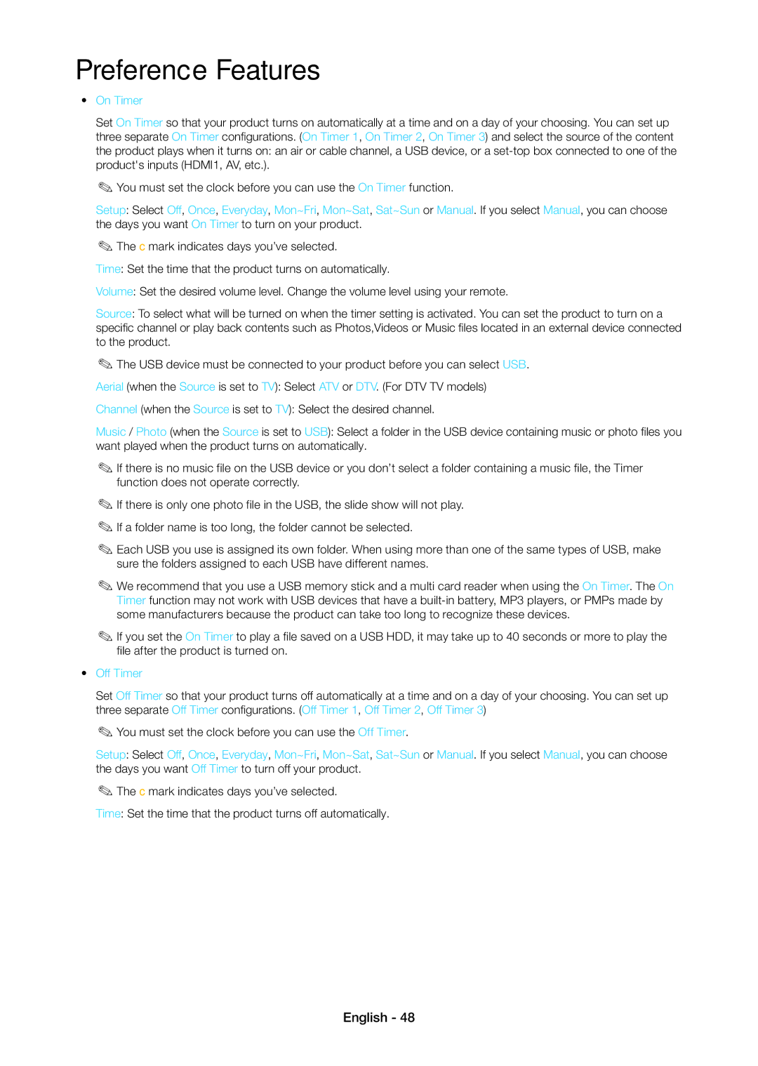 Samsung LT27C370MA/CH, LT24C350ARQMXV, LT24C350AR/XV, LT23C350MAQ/CH, LT23C350MA/CH manual On Timer, Off Timer 