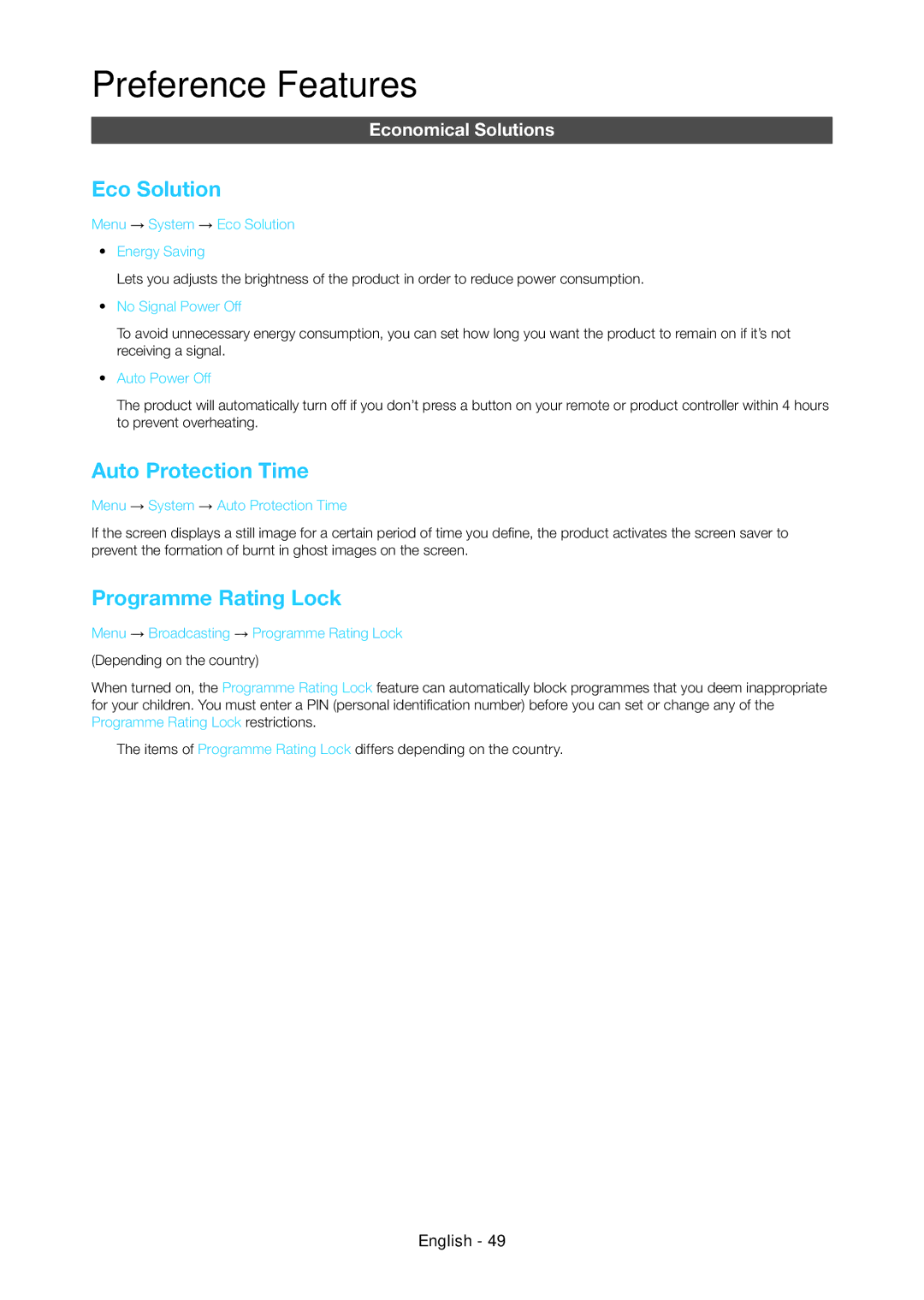 Samsung LT23C350MA/CH, LT24C350ARQMXV manual Eco Solution, Auto Protection Time, Programme Rating Lock, Economical Solutions 
