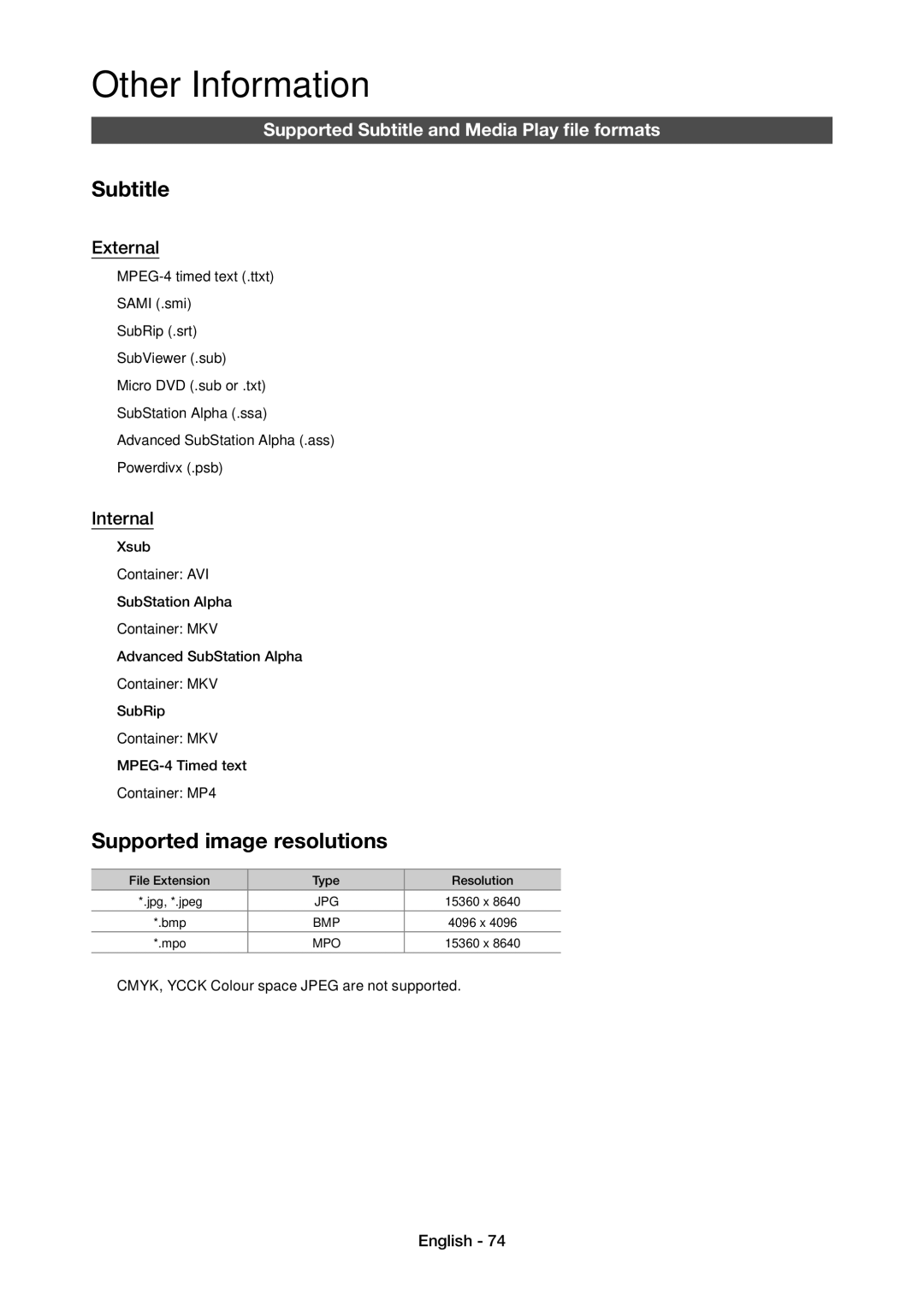 Samsung LT23C350MA/CH Supported image resolutions, Supported Subtitle and Media Play file formats, External, Internal 