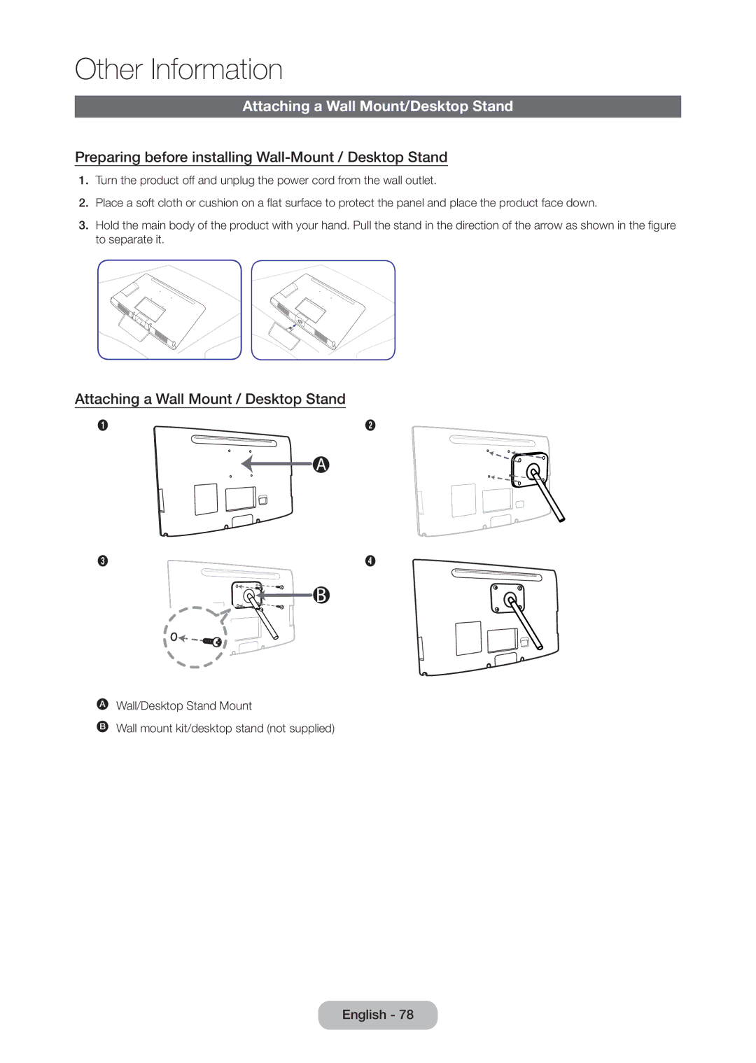 Samsung LT27C370MA/CH manual Attaching a Wall Mount/Desktop Stand, Preparing before installing Wall-Mount / Desktop Stand 