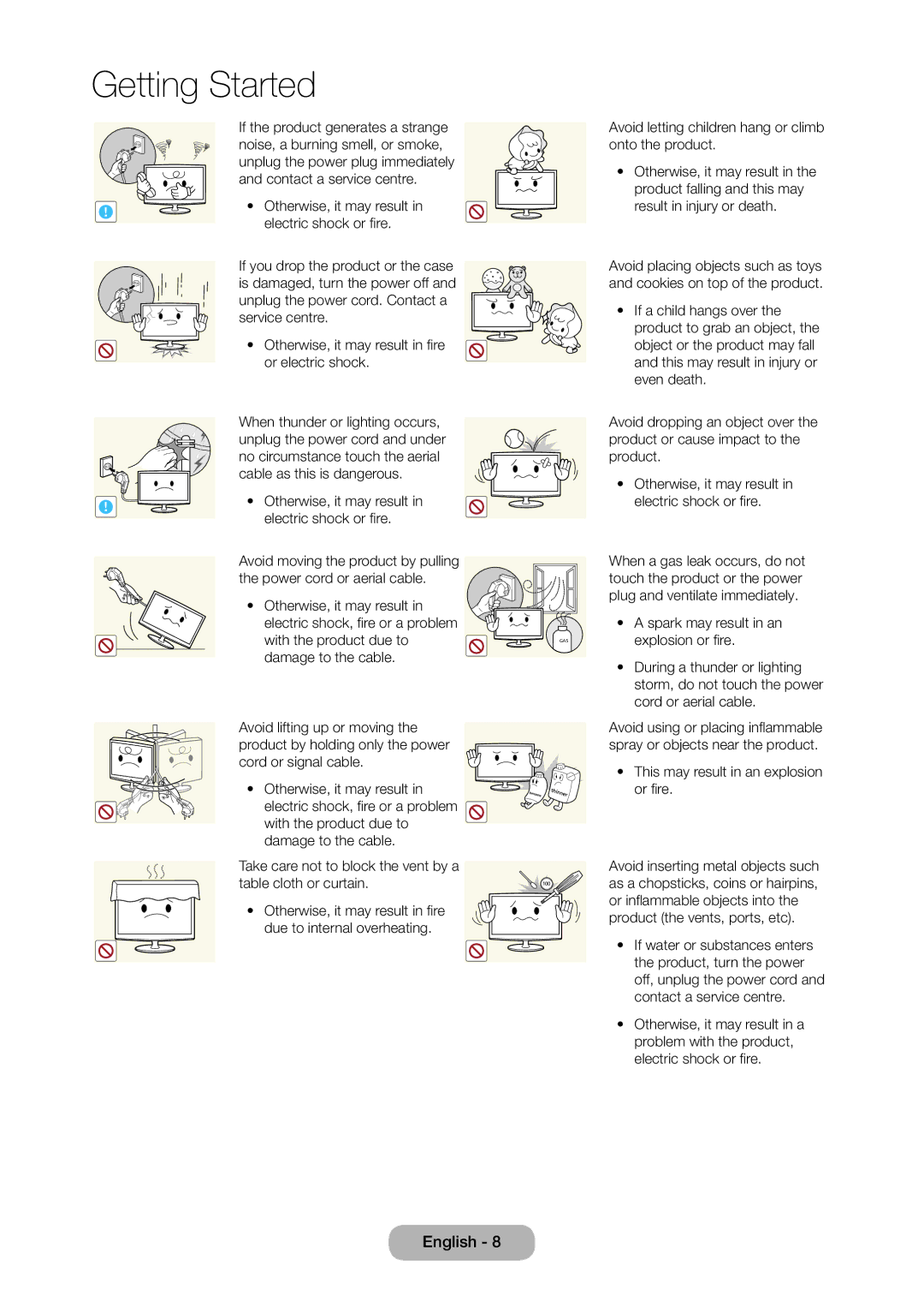 Samsung LT27C370MA/CH, LT24C350ARQMXV, LT24C350AR/XV, LT23C350MAQ/CH, LT23C350MA/CH manual Electric shock or fire 