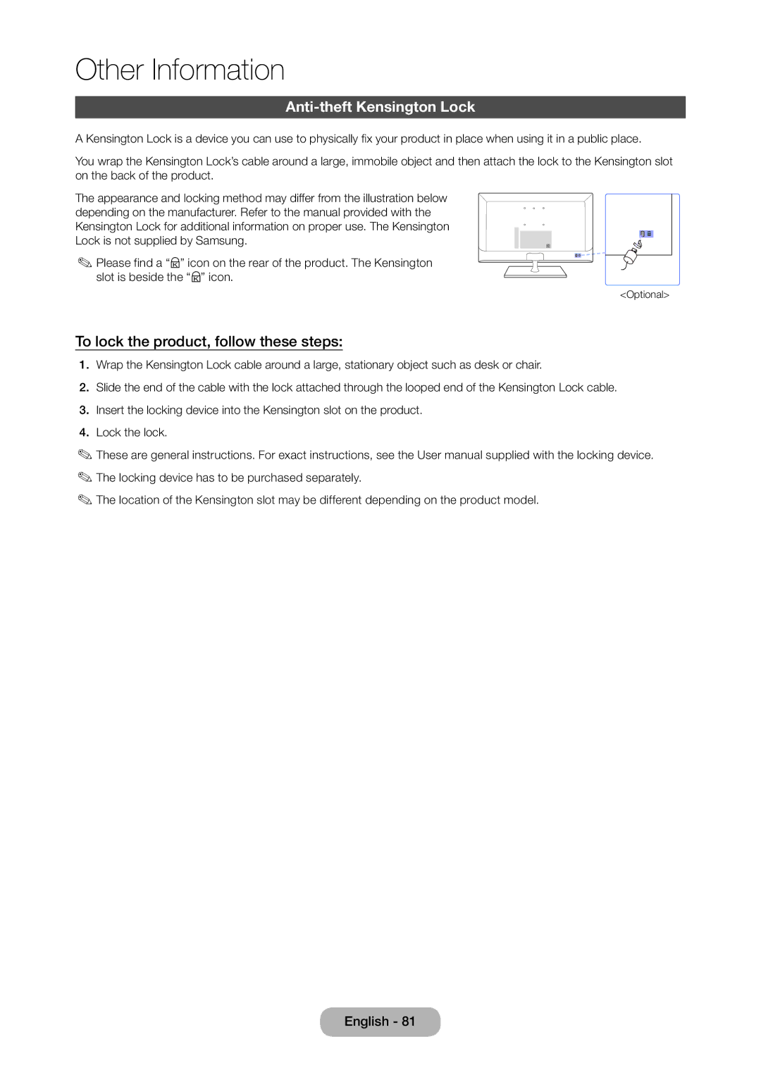 Samsung LT24C350AR/XV, LT24C350ARQMXV, LT23C350MAQ/CH Anti-theft Kensington Lock, To lock the product, follow these steps 