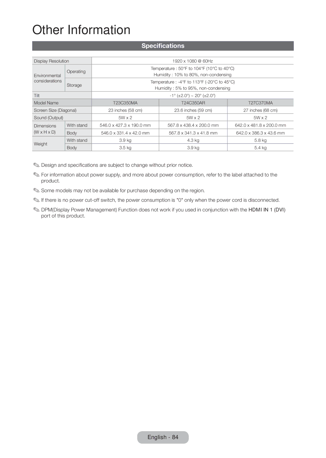 Samsung LT23C350MA/CH, LT24C350ARQMXV, LT24C350AR/XV, LT23C350MAQ/CH, LT27C370MA/CH manual Specifications 