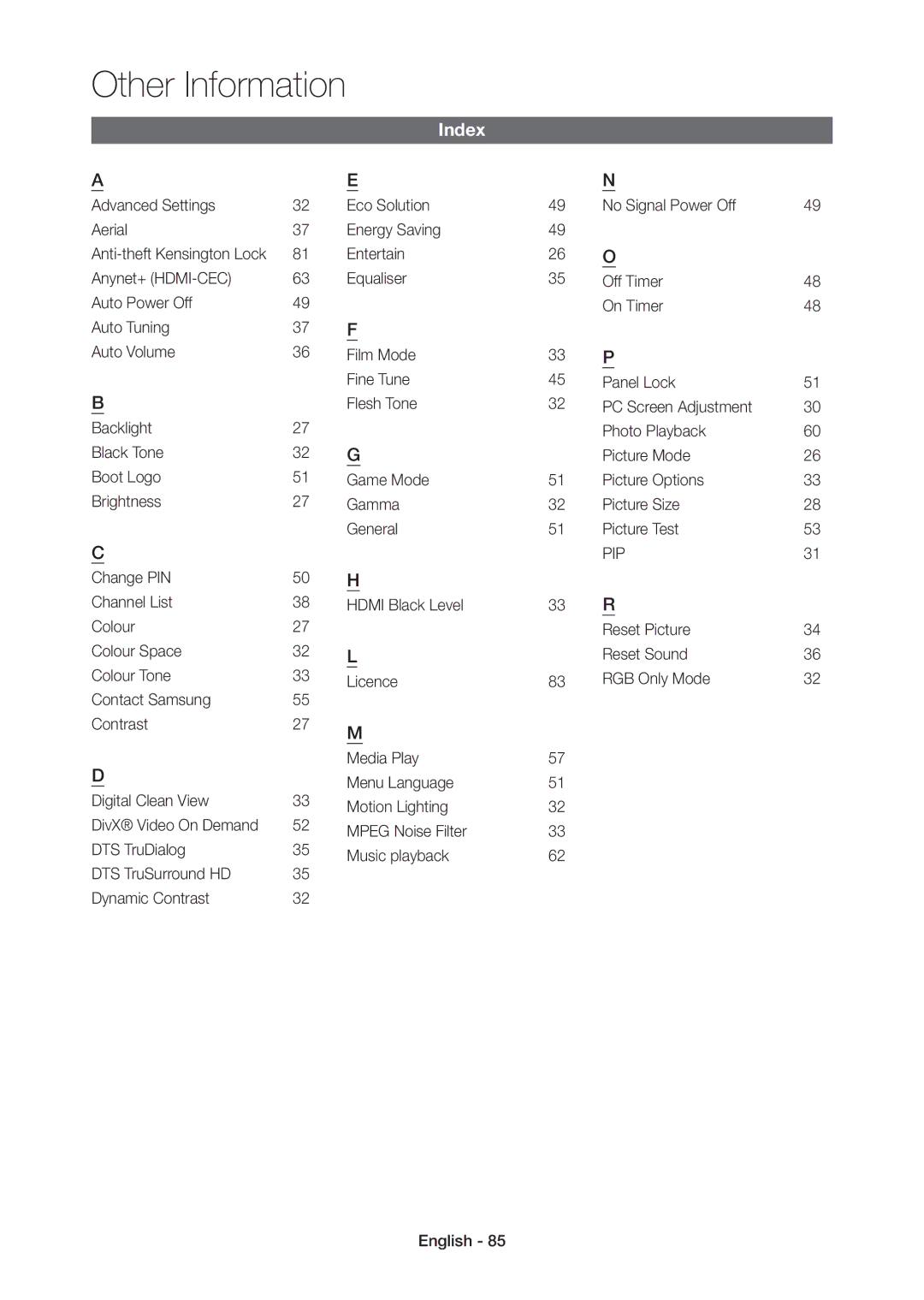 Samsung LT24C350ARQMXV, LT24C350AR/XV, LT23C350MAQ/CH, LT27C370MA/CH, LT23C350MA/CH manual Index, Pip 