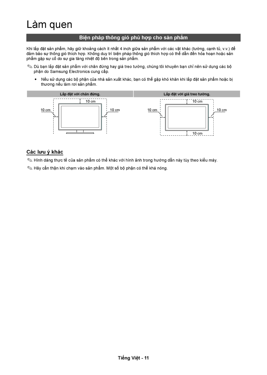 Samsung LT24C350AR/XV, LT24C350ARQMXV manual Biện pháp thông gió phù hợp cho sản phẩm, Các lưu ý khác 