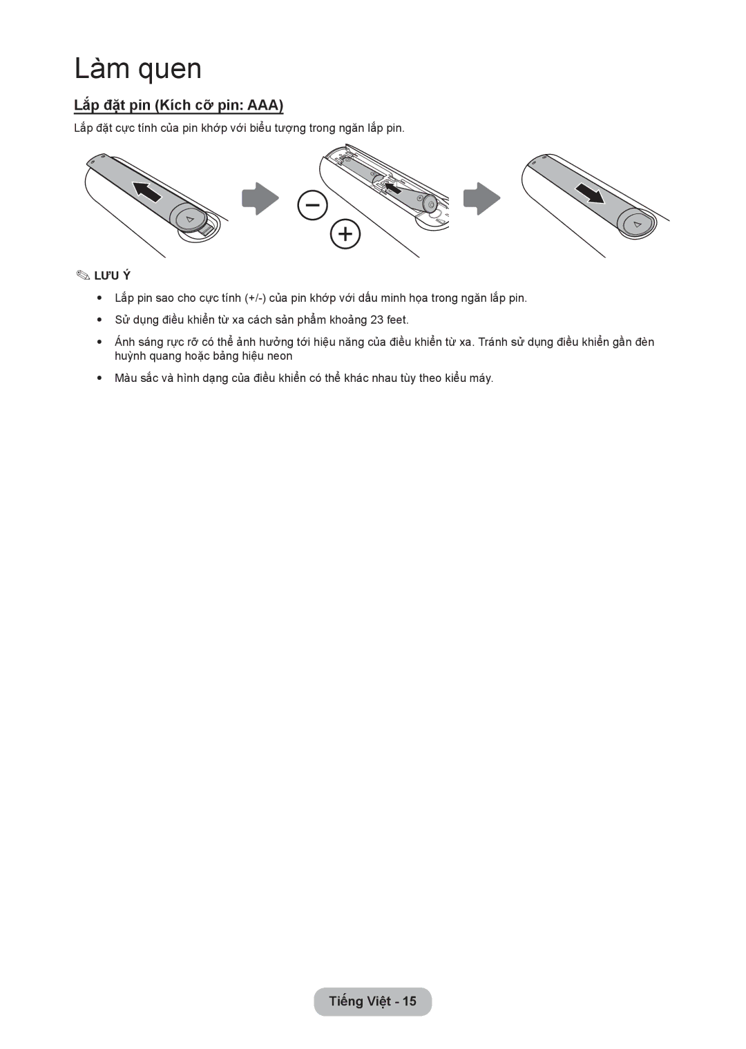 Samsung LT24C350AR/XV, LT24C350ARQMXV manual Lắp đặt pin Kích cỡ pin AAA, Lưu Ý 