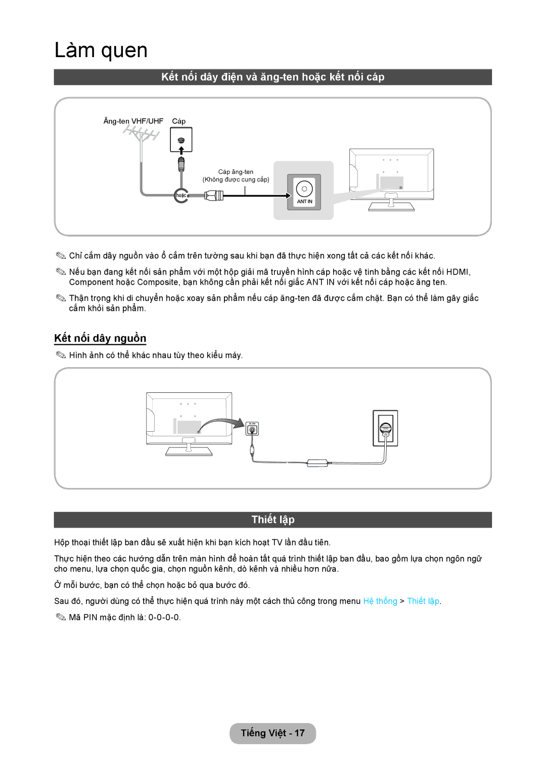 Samsung LT24C350AR/XV, LT24C350ARQMXV manual Kết nối dây điện và ăng-ten hoặc kết nối cáp, Kết nối dây nguồn, Thiết lập 