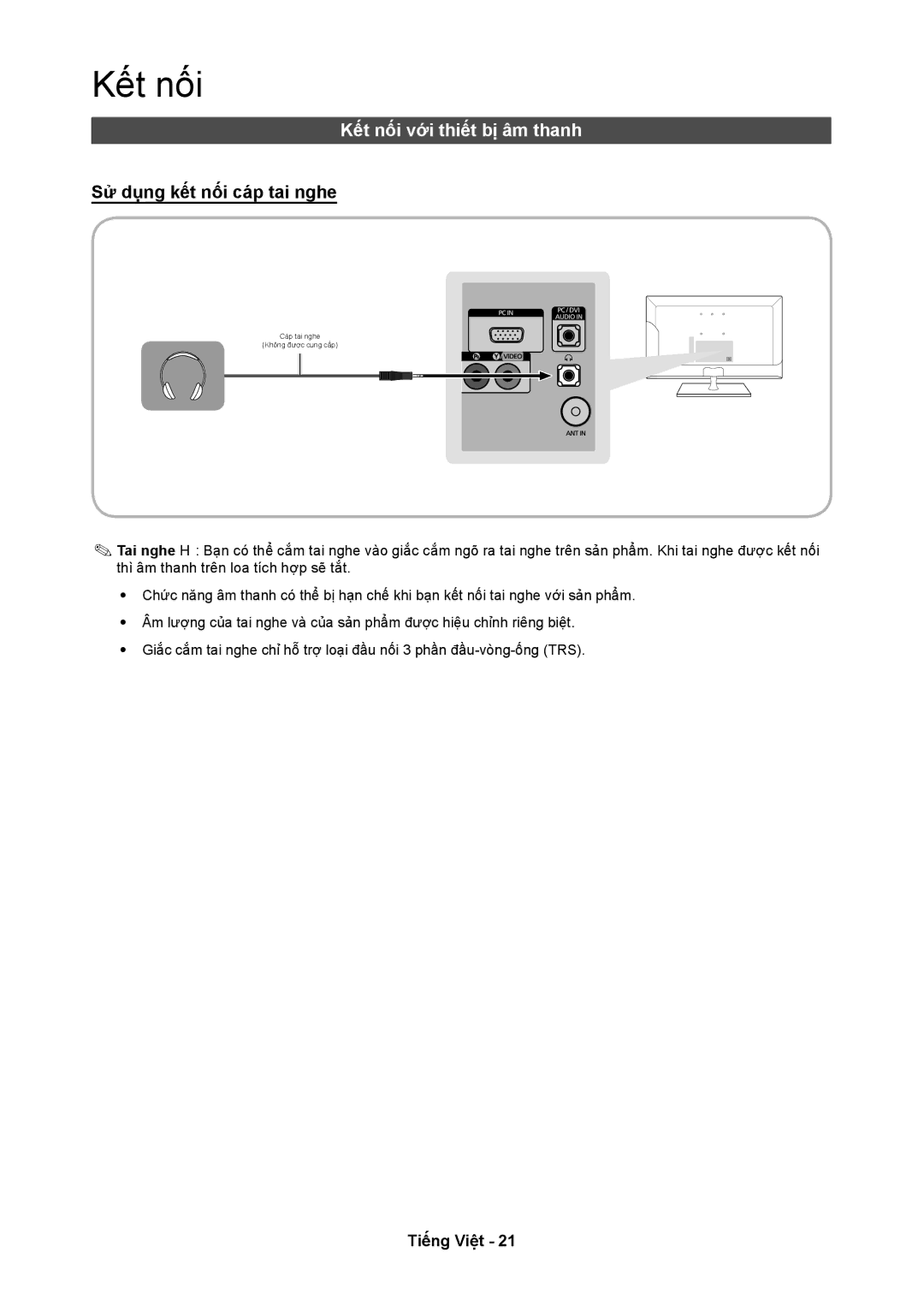 Samsung LT24C350AR/XV, LT24C350ARQMXV manual Kết nối với thiết bị âm thanh, Sử dụng kết nối cáp tai nghe 