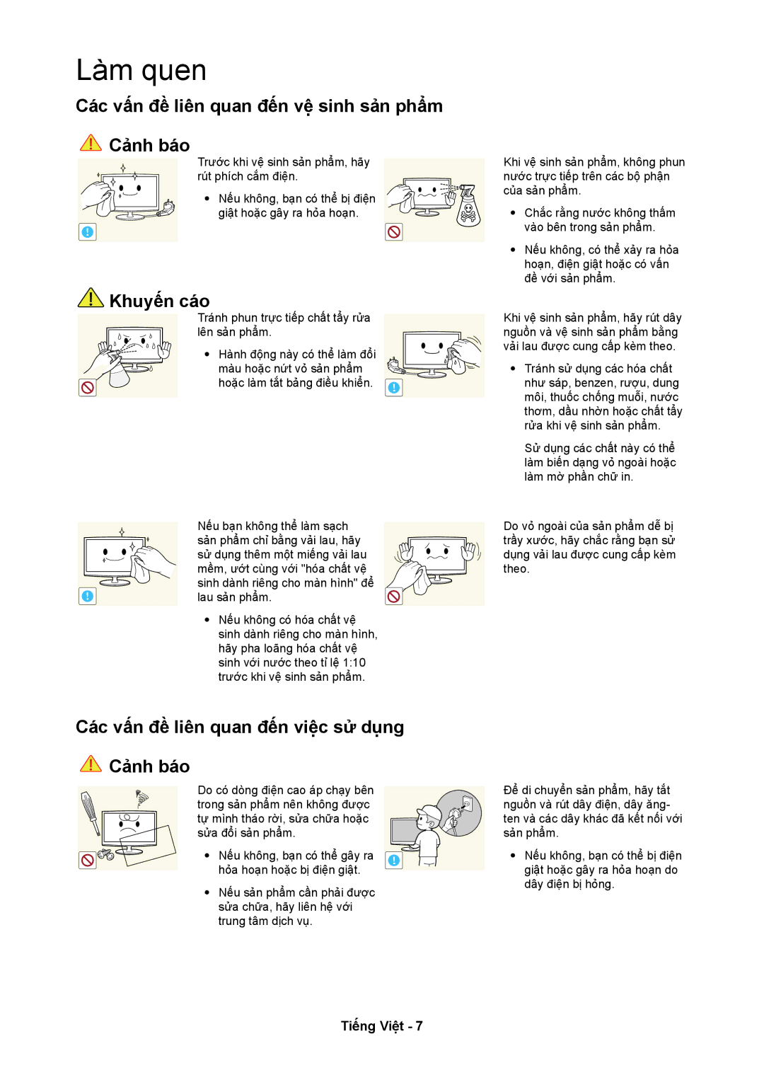 Samsung LT24C350AR/XV Các vấn đề liên quan đến vệ sinh sản phẩm Cảnh báo, Các vấn đề liên quan đến việc sử dụng Cảnh báo 