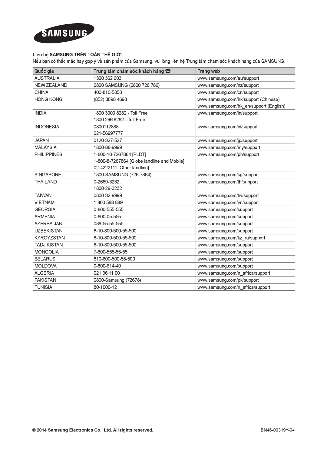 Samsung LT24C350AR/XV, LT24C350ARQMXV manual Liên hệ Samsung Trên Toàn THẾ Giới 