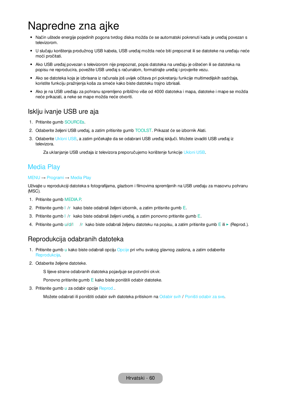 Samsung LT24C350EW/EN manual Isključivanje USB uređaja, Reprodukcija odabranih datoteka, Menu → Programi → Media Play 