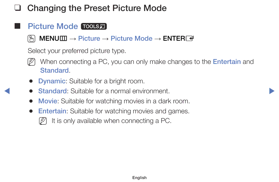 Samsung LT28D310ES/EN manual Changing the Preset Picture Mode, Picture Mode t, OO MENUm → Picture → Picture Mode → Entere 