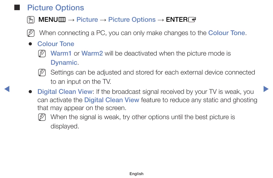 Samsung LT24D310ES/EN, LT28D310ES/EN manual OO MENUm → Picture → Picture Options → Entere, Colour Tone, Dynamic 