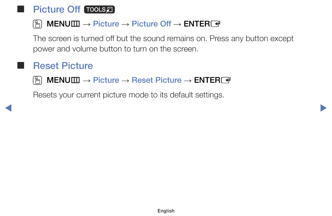 Samsung LT28D310ES/EN, LT24D310ES/EN manual Picture Off t, Reset Picture, OO MENUm → Picture → Picture Off → Entere 