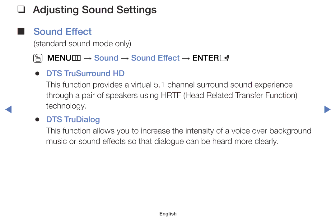 Samsung LT28D310ES/EN manual Adjusting Sound Settings, OO MENUm → Sound → Sound Effect → Entere DTS TruSurround HD 