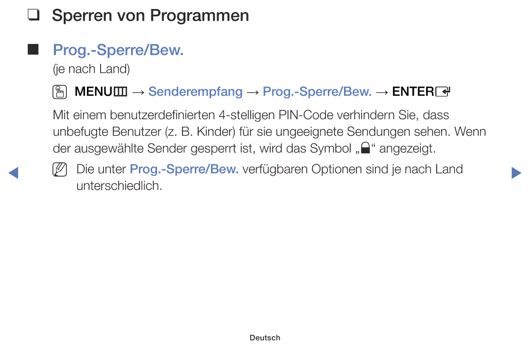 Samsung LT28D310ES/EN manual Sperren von Programmen Prog.-Sperre/Bew, OO MENUm → Senderempfang → Prog.-Sperre/Bew. → Entere 