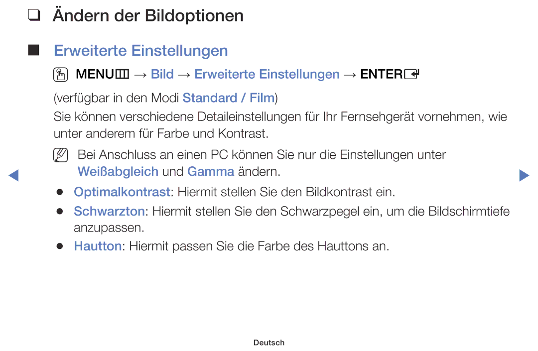 Samsung LT28D310ES/EN, LT24D310ES/EN manual Ändern der Bildoptionen, Erweiterte Einstellungen, Weißabgleich und Gamma ändern 