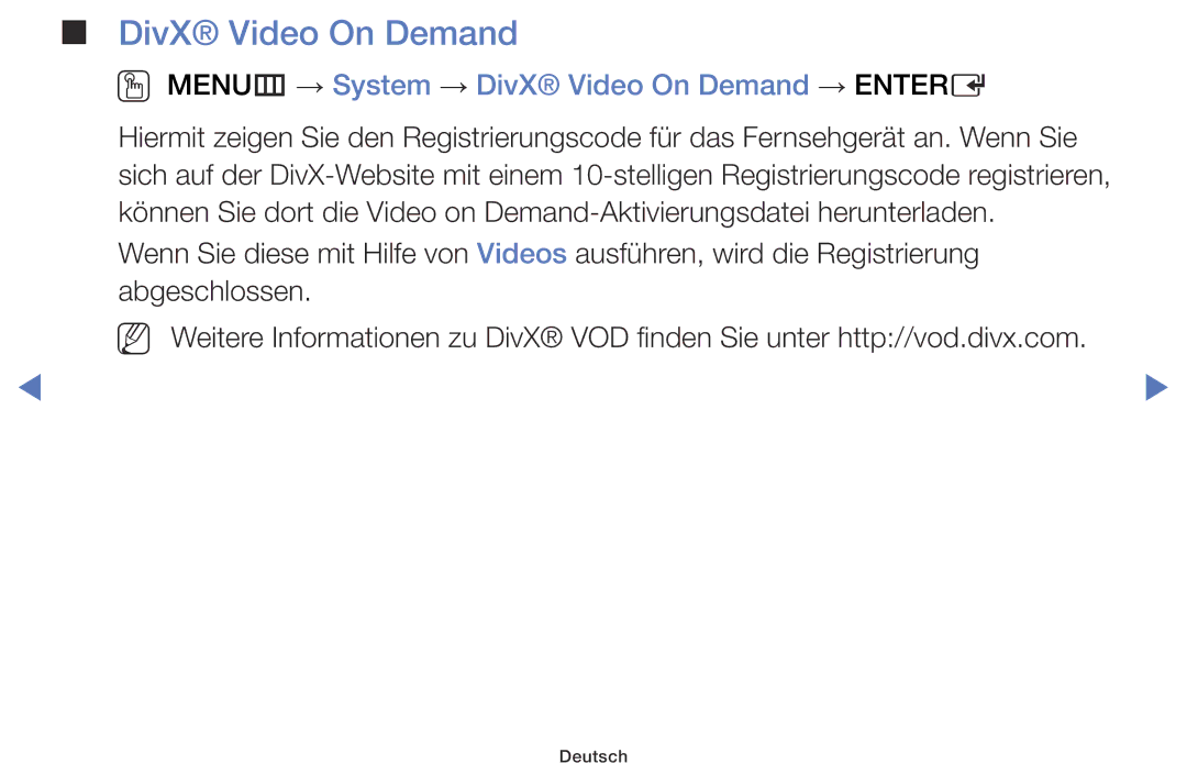 Samsung LT28D310ES/EN, LT24D310ES/EN manual OO MENUm → System → DivX Video On Demand → Entere 
