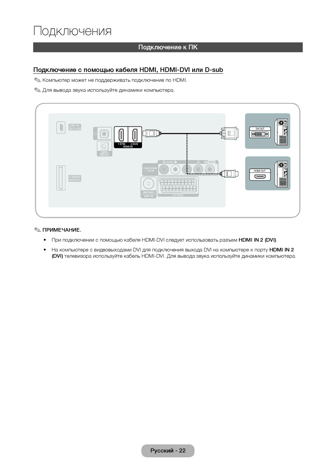 Samsung LT24D310EX/RU, LT24D310EW/EN, LT28D310EW/EN Подключение к ПК, Подключение с помощью кабеля HDMI, HDMI-DVI или D-sub 