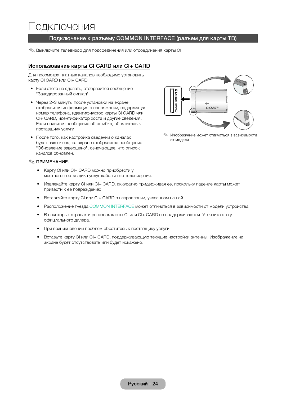 Samsung LT24D310EW/EN Подключение к разъему Common Interface разъем для карты ТВ, Использование карты CI Card или CI+ Card 