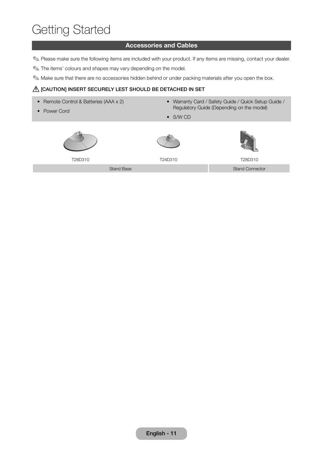 Samsung LT28D310EX/RU, LT24D310EW/EN, LT28D310EW/EN, LT28D310EX/EN, LT24D310EX/EN, LT24D310EX/RU manual Accessories and Cables 