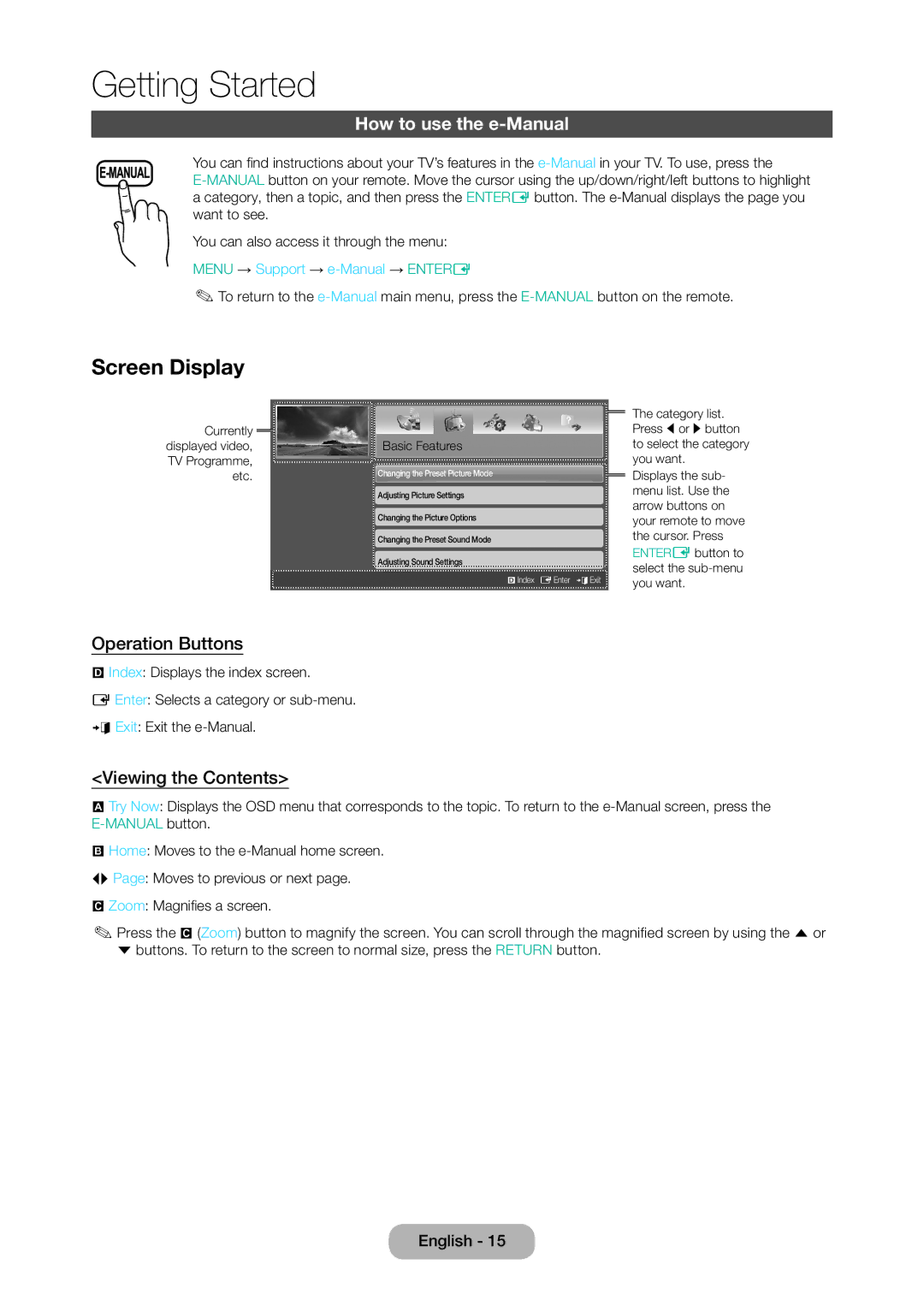 Samsung LT24D310EX/EN, LT24D310EW/EN manual Screen Display, How to use the e-Manual, Operation Buttons, Viewing the Contents 