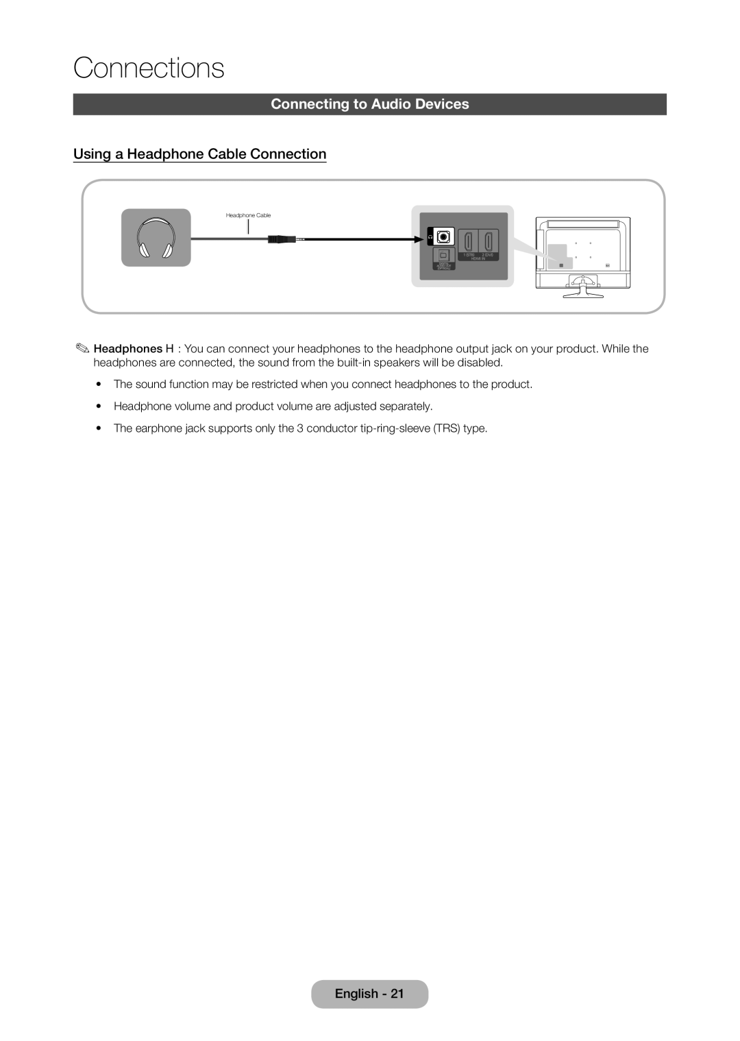 Samsung LT24D310EX/EN, LT24D310EW/EN, LT28D310EW/EN manual Connecting to Audio Devices, Using a Headphone Cable Connection 