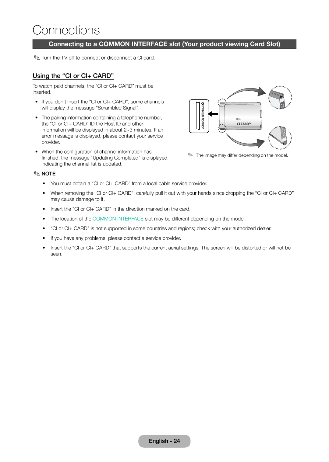 Samsung LT24D310EW/EN, LT28D310EW/EN, LT28D310EX/EN, LT24D310EX/EN, LT24D310EX/RU, LT28D310EX/RU manual Using the CI or CI+ Card 