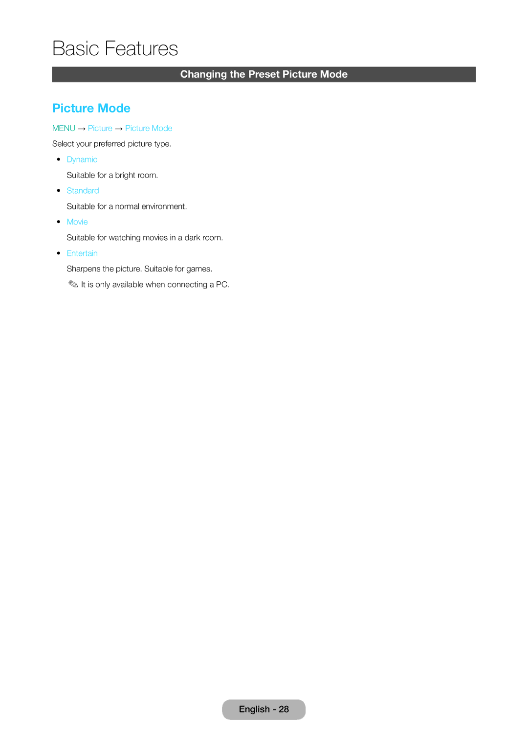 Samsung LT24D310EX/RU, LT24D310EW/EN, LT28D310EW/EN, LT28D310EX/EN, LT24D310EX/EN manual Changing the Preset Picture Mode 