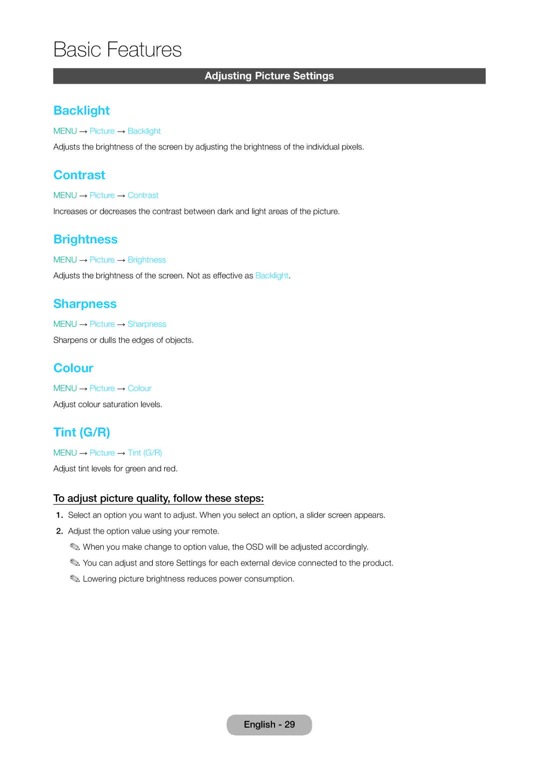 Samsung LT28D310EX/RU, LT24D310EW/EN, LT28D310EW/EN manual Backlight, Contrast, Brightness, Sharpness, Colour, Tint G/R 
