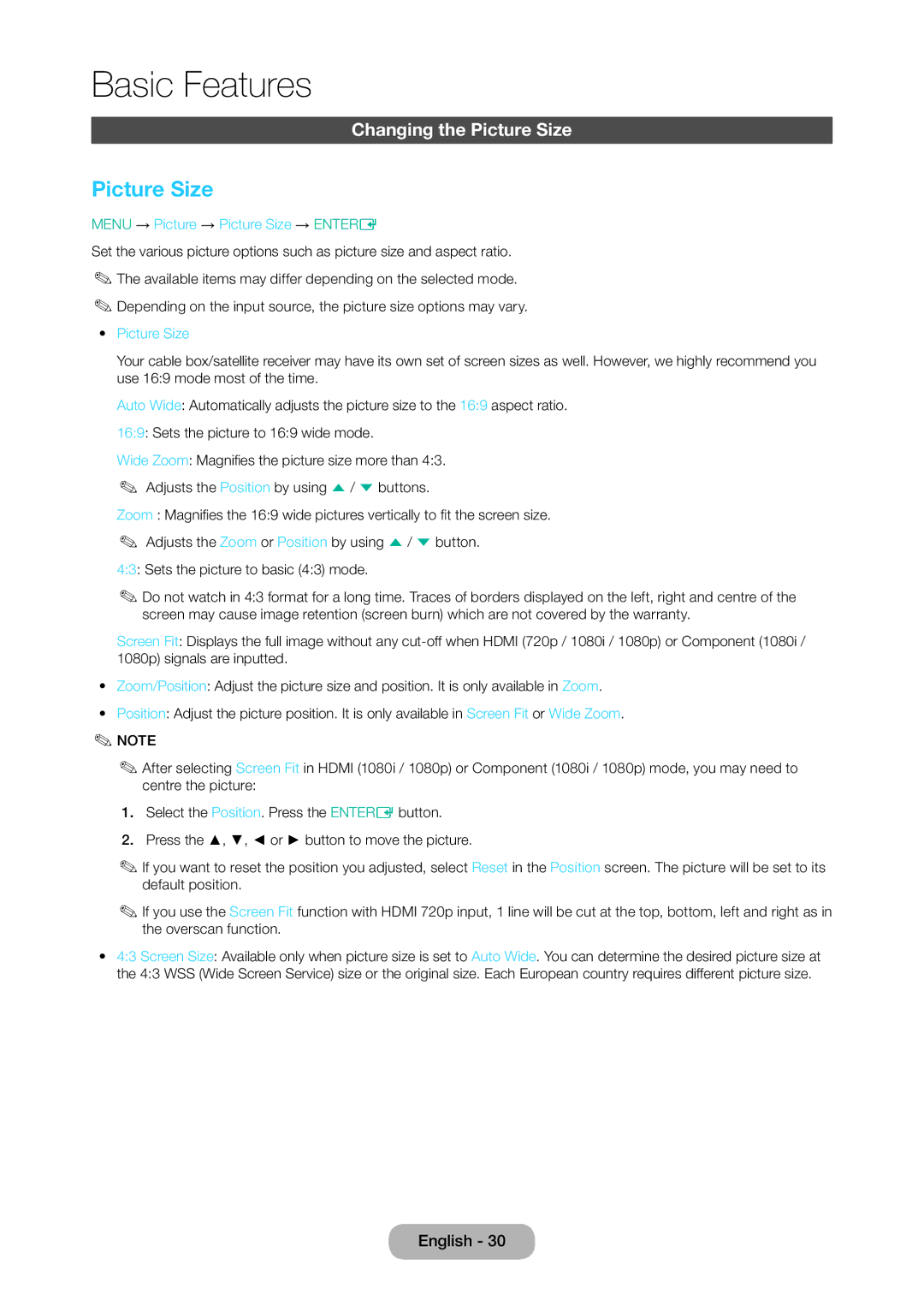 Samsung LT24D310EW/EN, LT28D310EW/EN, LT28D310EX/EN Changing the Picture Size, Menu → Picture → Picture Size → Entere 