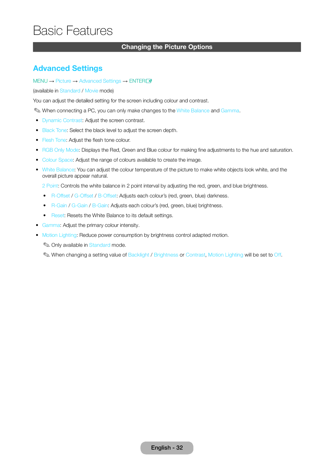 Samsung LT28D310EX/EN, LT24D310EW/EN, LT28D310EW/EN, LT24D310EX/EN manual Advanced Settings, Changing the Picture Options 