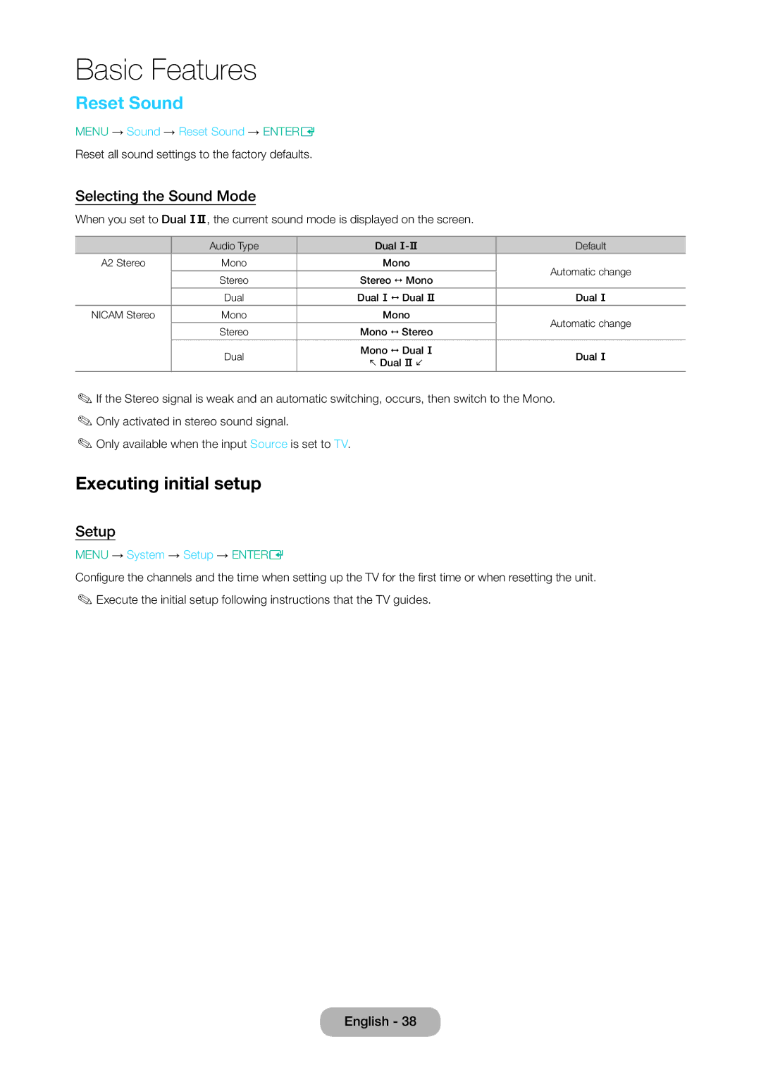 Samsung LT28D310EX/EN, LT24D310EW/EN, LT28D310EW/EN Reset Sound, Executing initial setup, Selecting the Sound Mode, Setup 