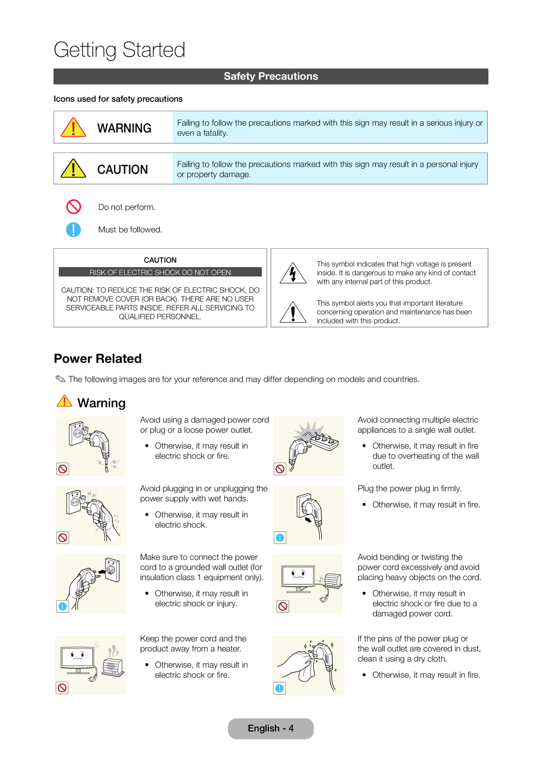 Samsung LT24D310EX/RU, LT24D310EW/EN, LT28D310EW/EN, LT28D310EX/EN, LT24D310EX/EN manual Power Related, Safety Precautions 