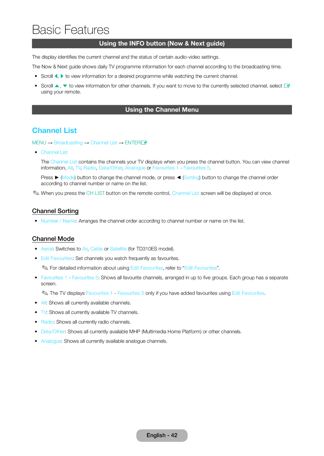 Samsung LT24D310EW/EN manual Channel List, Using the Info button Now & Next guide, Using the Channel Menu, Channel Sorting 